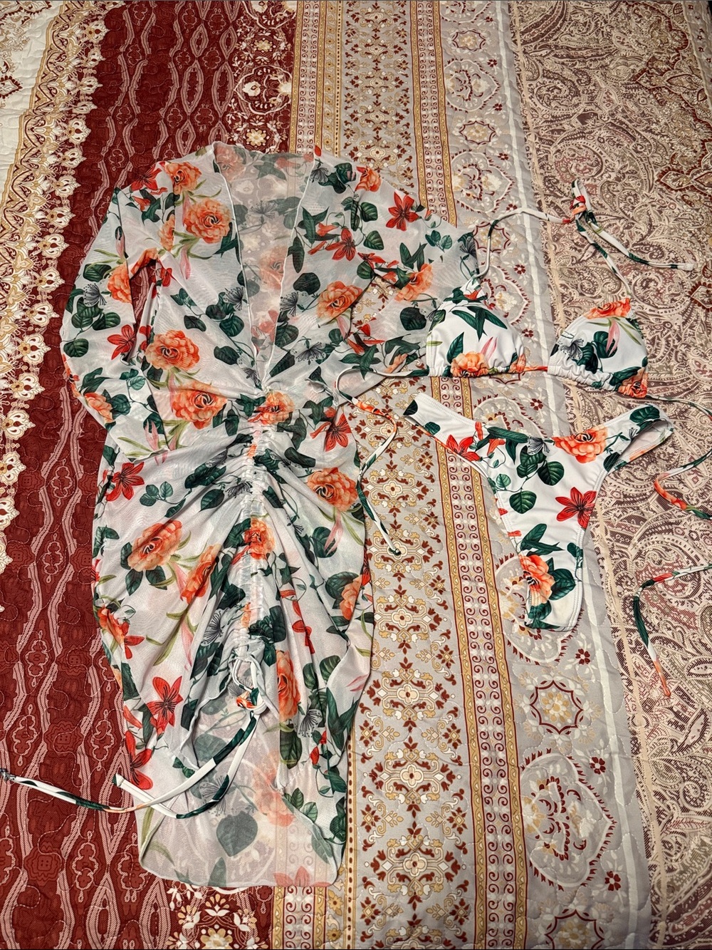 SHEIN White Sheer Floral Ruched Dress with Bikini Set